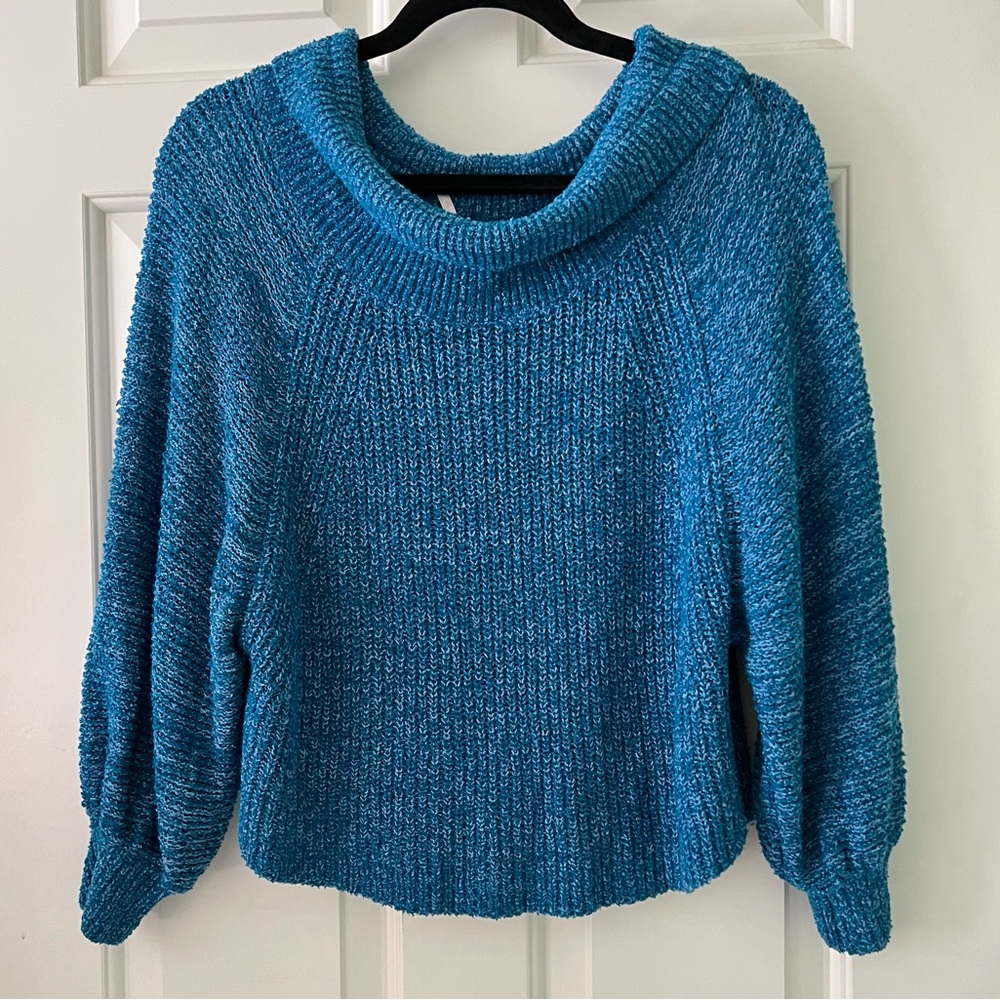 Free People Marled Blue Off-Shoulder Cropped Sweater